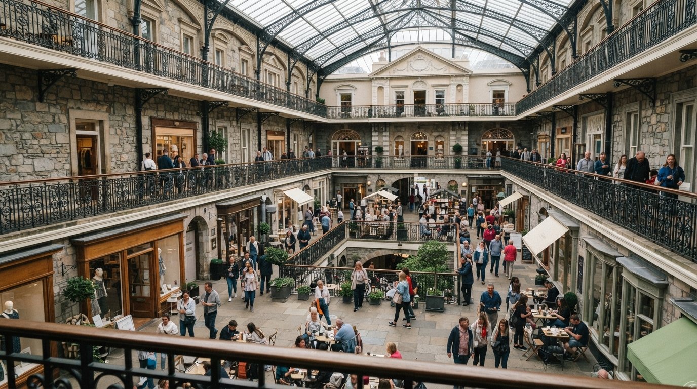 the glass-roofed courtyard inside Powerscourt Townhouse Centre on South William Street, with shoppers below and Georgian stonework above