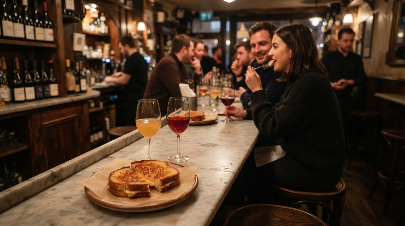 the narrow marble counter inside Loose Canon on Drury Street, with high stools, a cheese toastie and glasses of natural wine in warm evening light