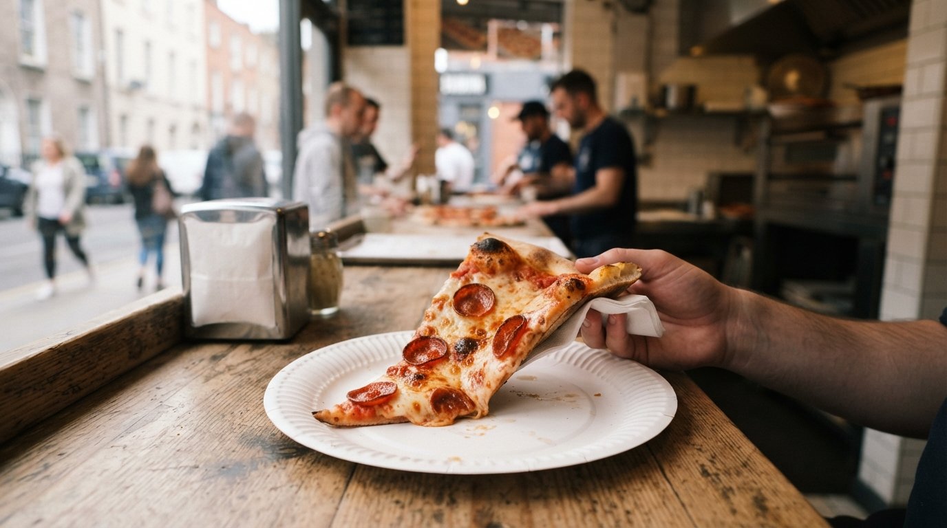 a slice of New York-style pizza at Bambino on Stephen Street Lower, folded by hand on a paper plate beside the counter