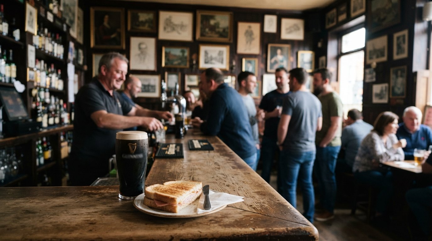 Grogan's Castle Lounge on South William Street, with framed paintings on the walls, a pint of stout and a ham-and-cheese toastie on the bar