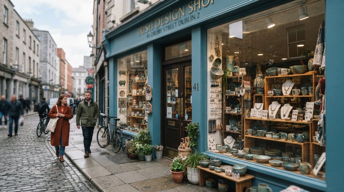 the storefront of Irish Design Shop on 41 Drury Street, with Irish-made jewellery and ceramics in the window and the narrow street outside