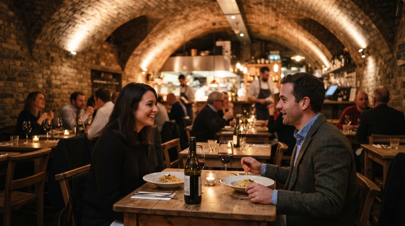 Osteria Lucio in the restored Malting Tower under the railway arches, warm evening light on the brick arches and intimate dining room