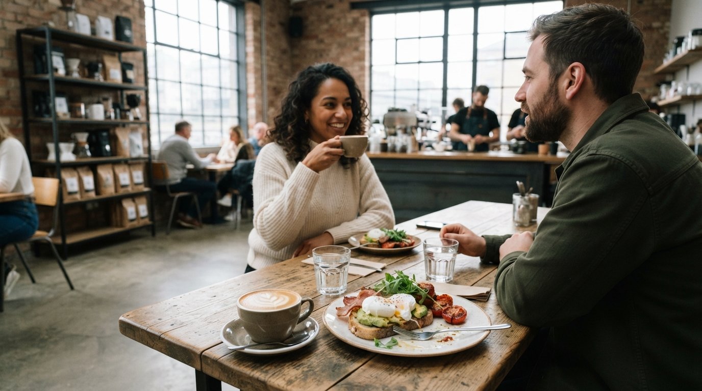 a flat white and brunch at 3fe on Lower Grand Canal Street, bright roastery-café interior with cups and breakfast plates on a wooden table