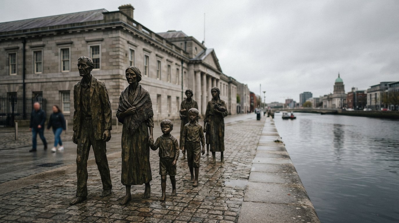 the Famine Memorial on Custom House Quay in Dublin, Rowan Gillespie’s bronze emigrant figures against the CHQ building on a grey waterfront morning