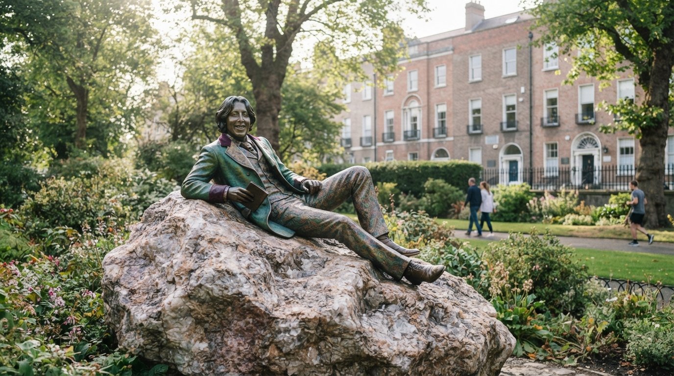 Oscar Wilde reclining on the quartz boulder at Merrion Square, with Georgian townhouses and the square’s leafy edge in soft morning light