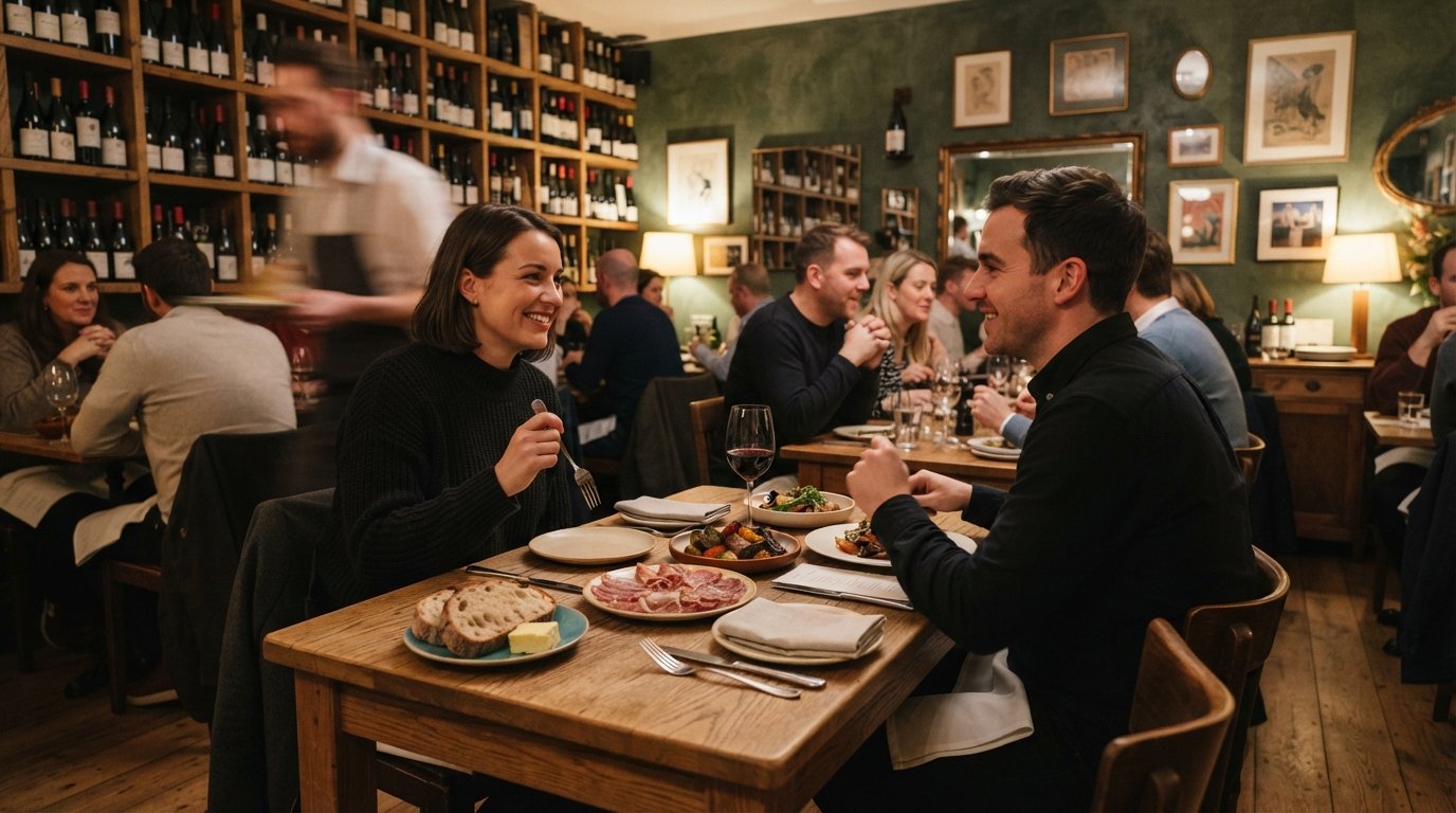 the compact dining room at Etto on Merrion Row, wine shelves lining the walls and small daily-changing plates on a tightly set table
