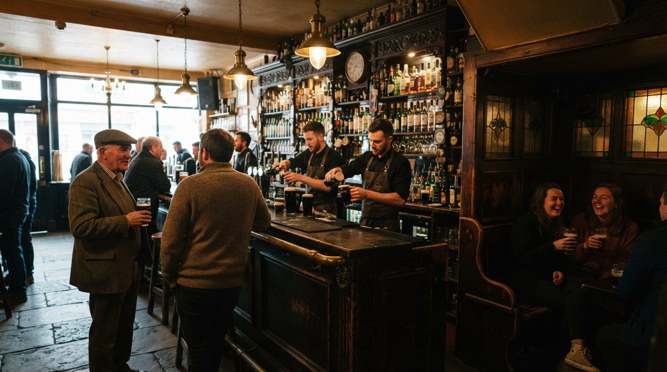 Toner’s on Lower Baggot Street, showing the dark stone-flagged bar and snug interior with warm low light and old wood paneling