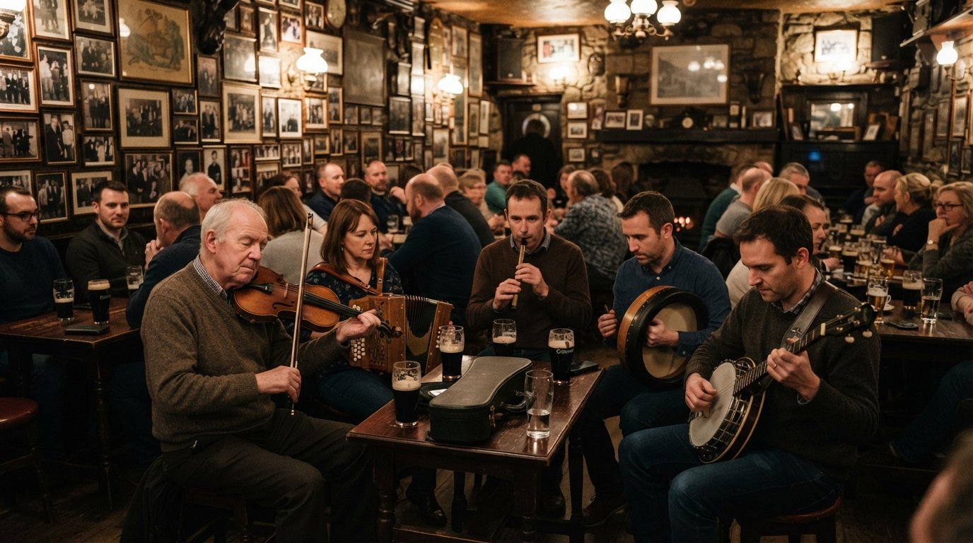 a live trad session at O’Donoghue’s on Merrion Row, musicians gathered under photo-covered walls with pints on the tables and warm evening light