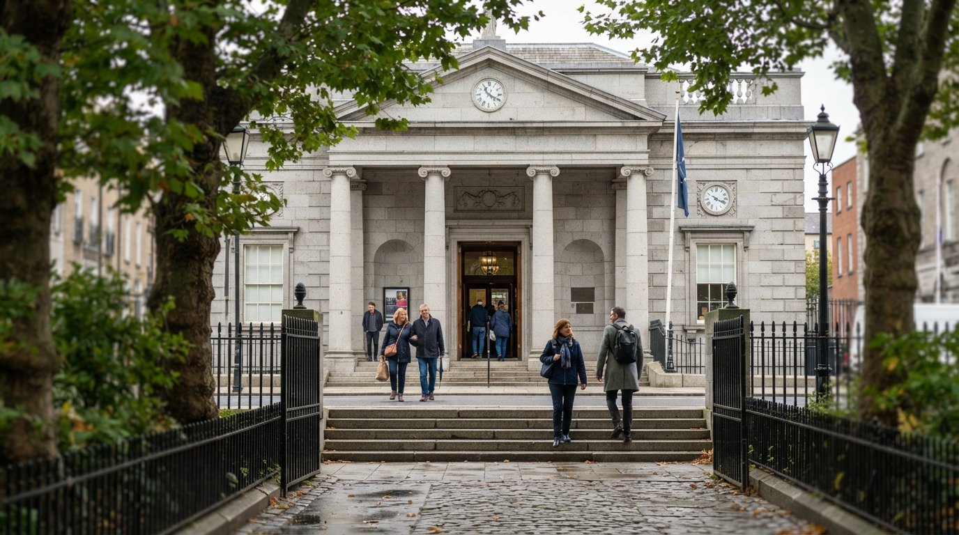 the National Gallery of Ireland on Merrion Square West, with visitors entering under a bright façade and the square’s trees in the foreground