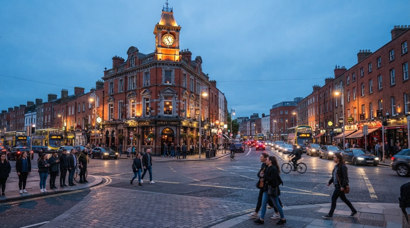 Doyle’s Corner in Phibsborough at dusk, the five-way junction busy with traffic, pub fronts glowing and red-brick terraces framing the crossroads