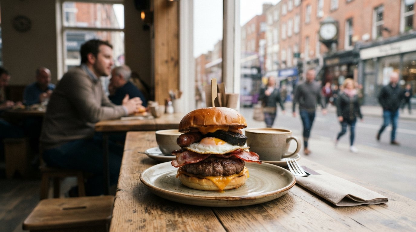 the Brunch Burger at Bang Bang on a table by the window, stacked with black pudding, sausage, rashers and egg, with coffee cups nearby