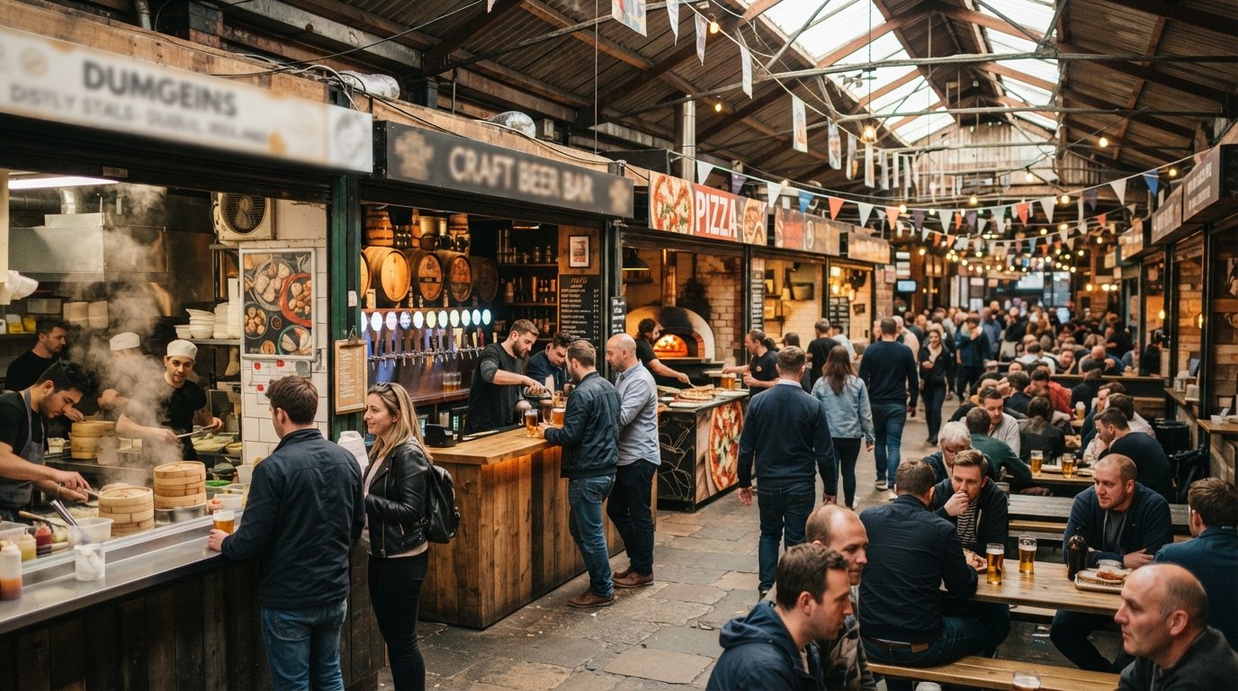 the interior of Eat Yard with dumpling and pizza stalls, craft beer taps and diners under the covered market roof
