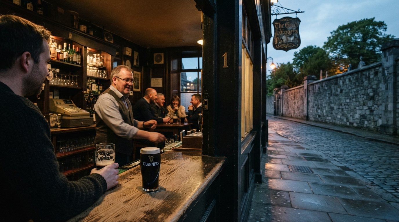 the front of The Gravediggers beside Glasnevin Cemetery wall at early evening, with a pint of Guinness on the bar and the old pub sign visible