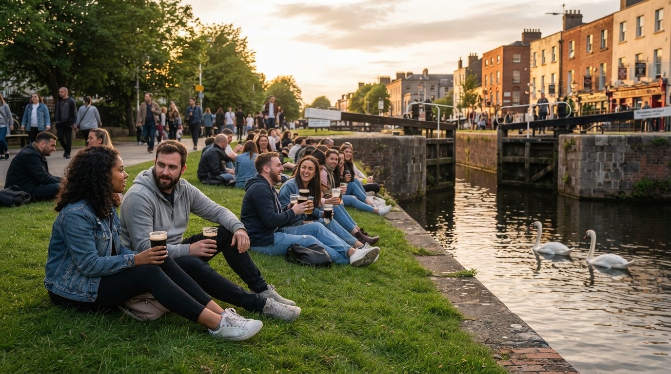 people sitting on the grass banks at Portobello Harbour beside the Grand Canal at golden hour, takeaway pints in hand, swans drifting past the lock under soft evening light