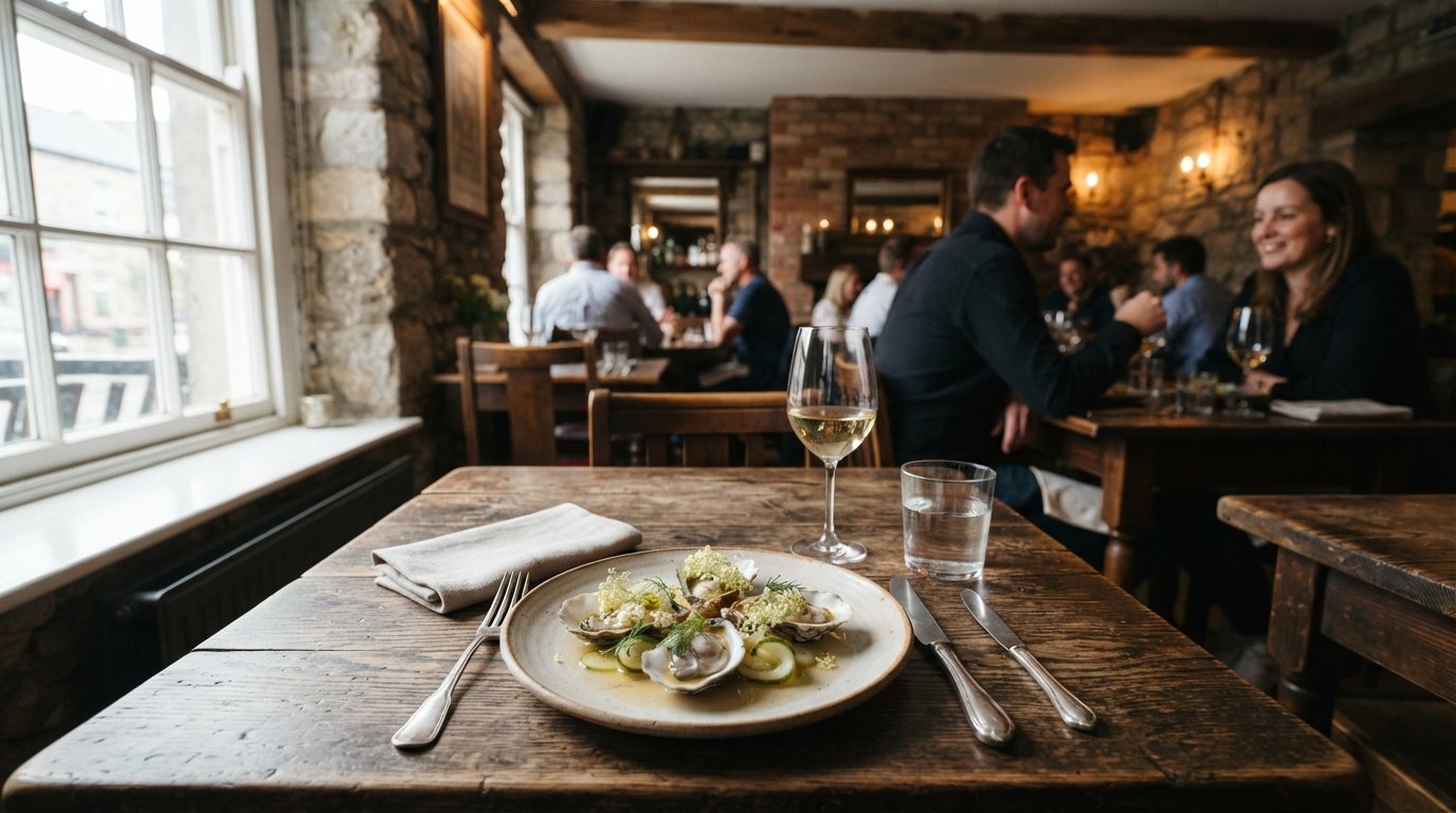 the dining room at Bastible at Leonard’s Corner, with a restrained modern table setting and a plated seasonal dish of poached oysters with elderflower in sharp restaurant light