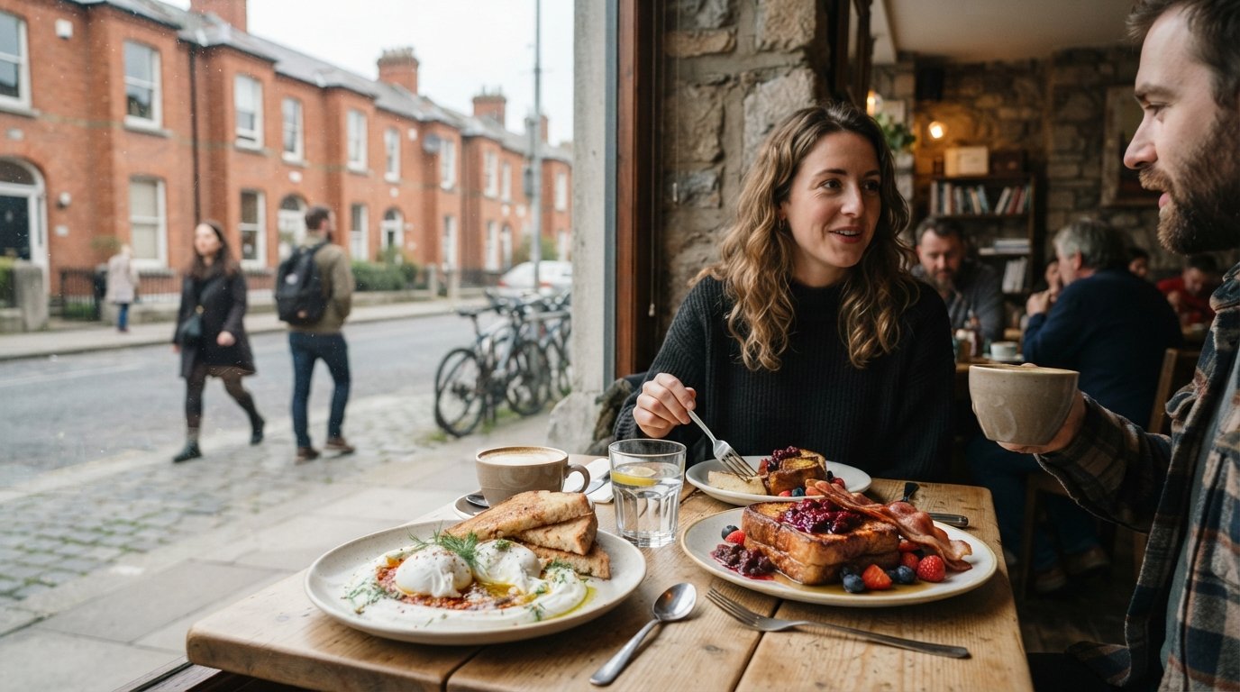 a brunch table at Bibi’s Café on Emorville Avenue with Turkish eggs and thick French toast, the narrow residential street visible through the window behind the queue