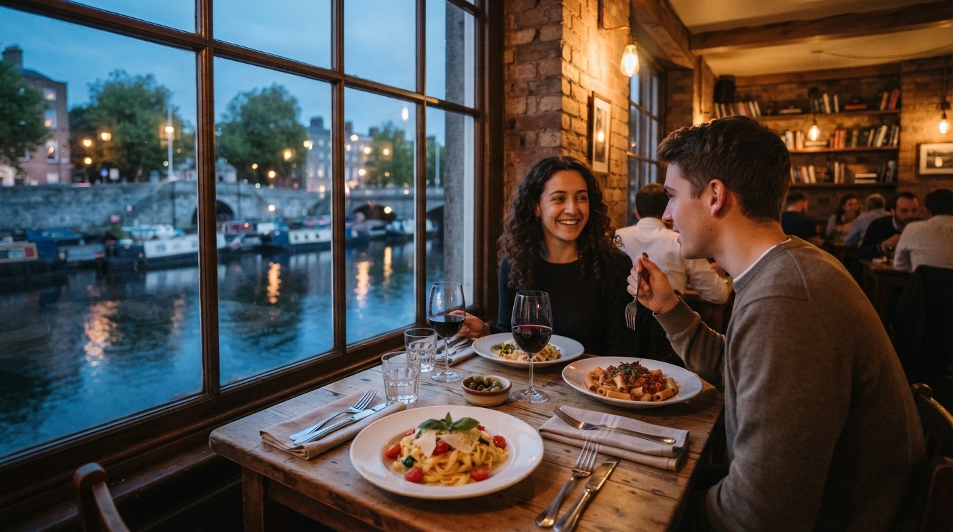 the canal-facing dining room at Lena on Windsor Terrace, fresh pasta on the table and the Grand Canal visible through the windows in evening light