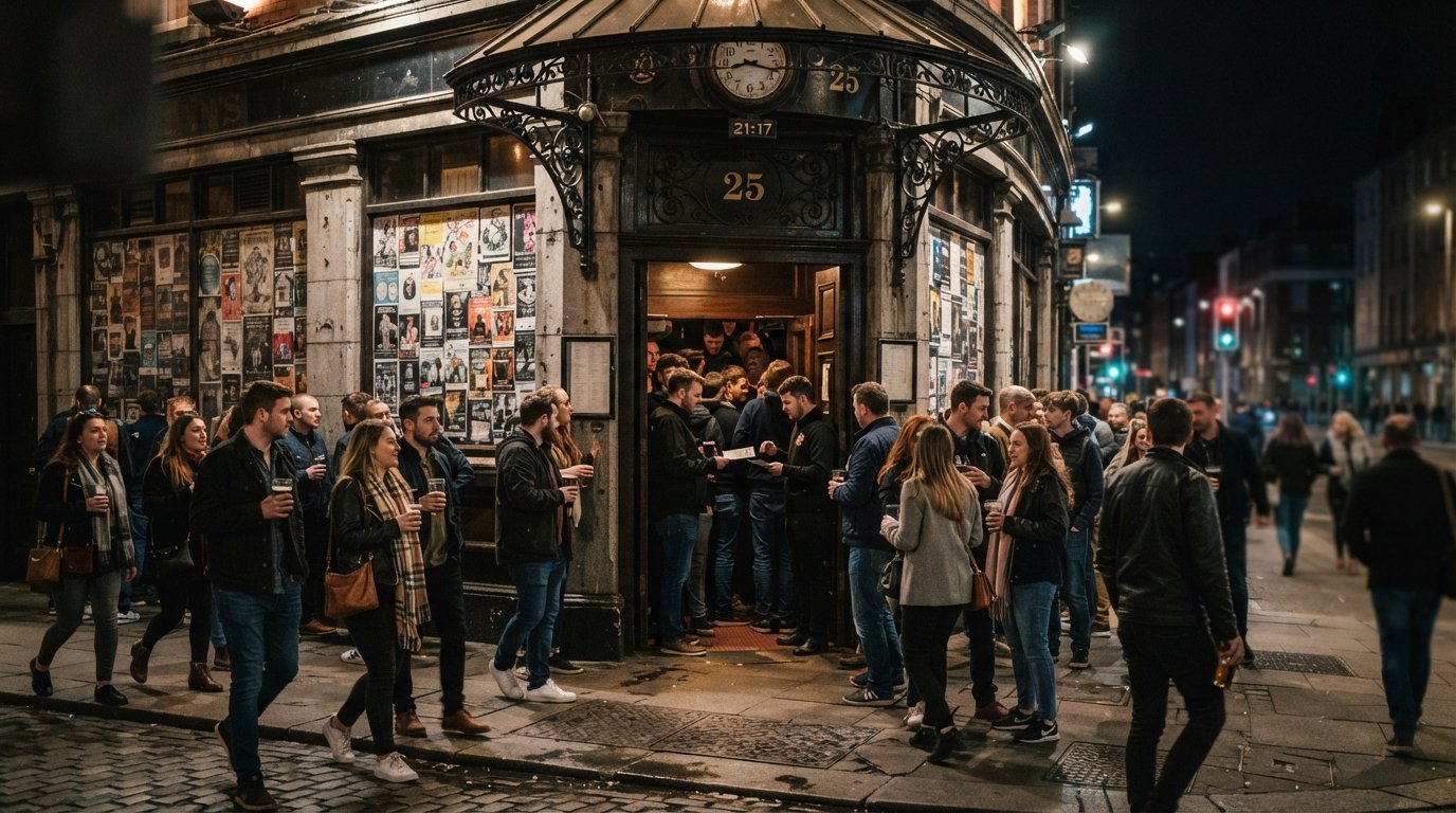 the exterior and busy doorway of Whelan’s on Wexford Street at night, gig posters in the windows and people gathering before a 400-capacity show