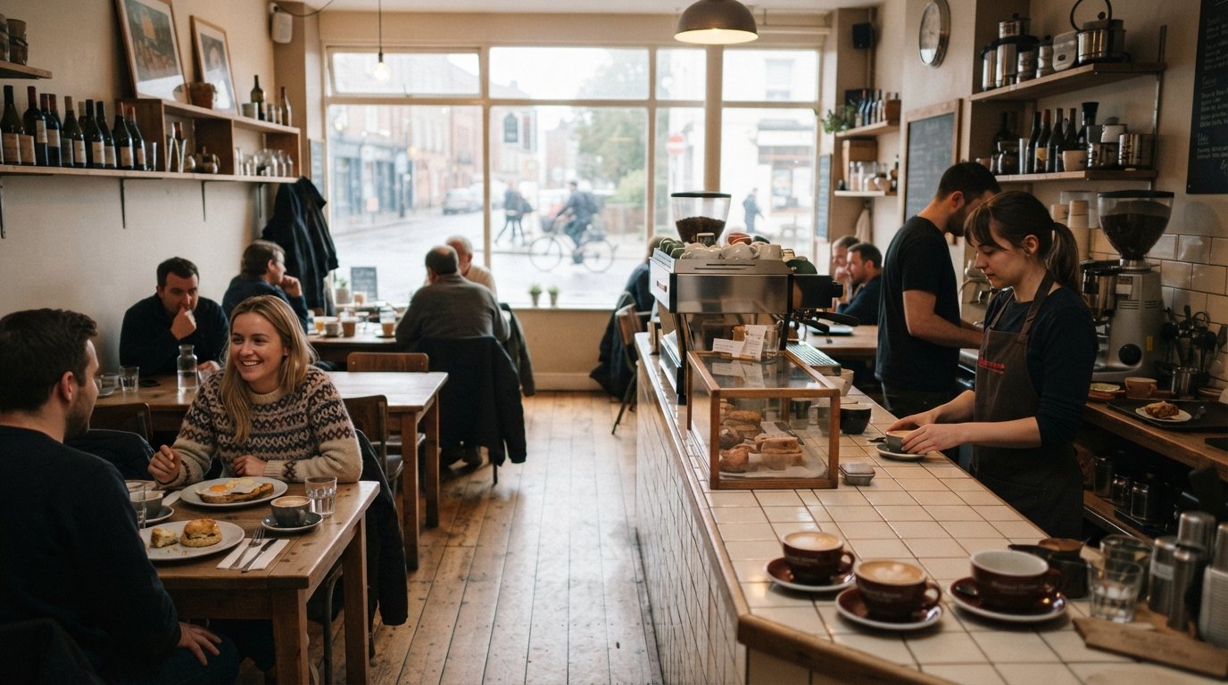 the counter and dining room at Grove Road Cafe, with Roasted Brown coffee cups, breakfast plates and morning light on Lower Rathmines Road