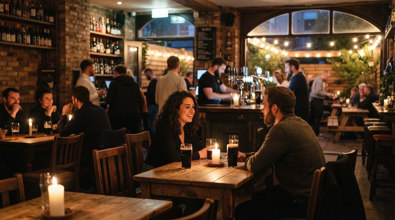 candlelit tables and the craft-beer bar interior at Blackbird, with the heated beer garden visible through the back windows