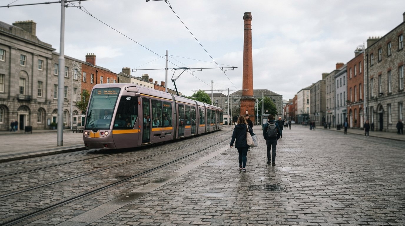 Smithfield Plads' granitbrosten med Jameson-skorstenen, der rejser sig bag LUAS-linjen i gråt eftermiddagslys