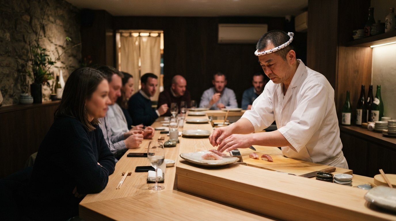 den intime ottepladses Matsukawa omakase-counter på Queen Street, minimalistisk sushi-bar med en kok, der forbereder Edomae-stykker