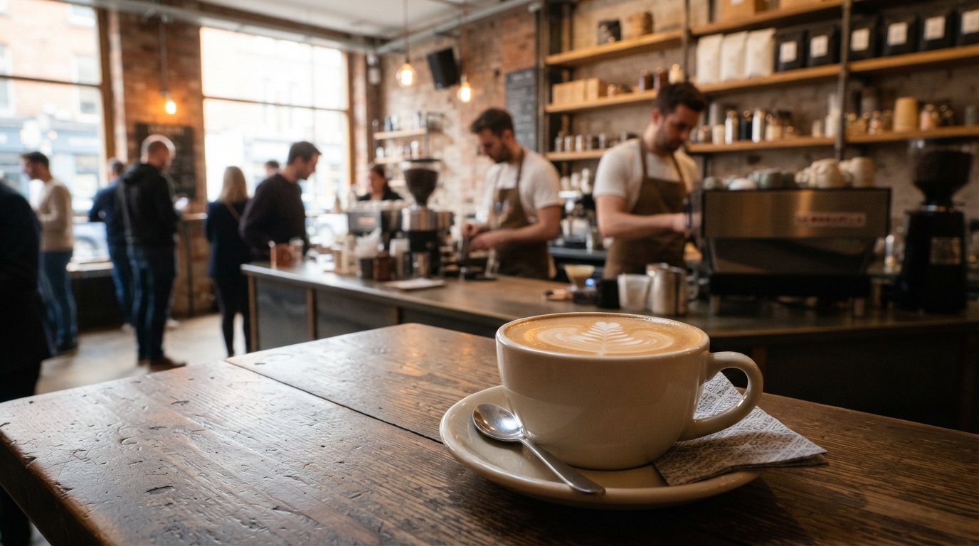 en flad hvid kaffe hos Proper Order Coffee Co. på Haymarket, crema-skinnende under blødt morgenslys med cafédisken i baggrunden