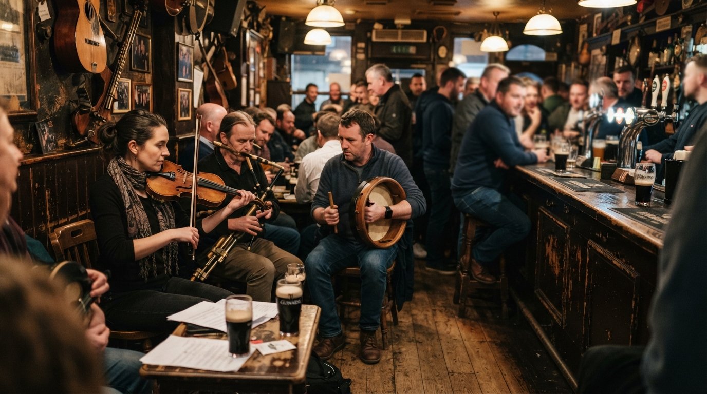 The Cobblestones forreste bar på North King Street, en fyldt trad-session med fiddler, bodhrán og pints Guinness under varmt, svagt lys