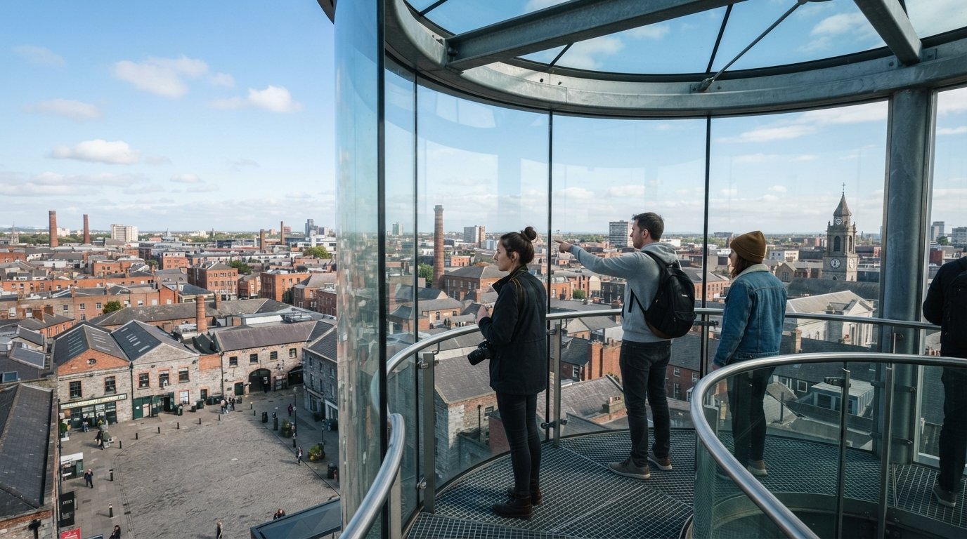 Smithfield Chimney Skyview Tower glasobservationsplatform over pladsen, med Dublin-tage og himlen i klart dagslys