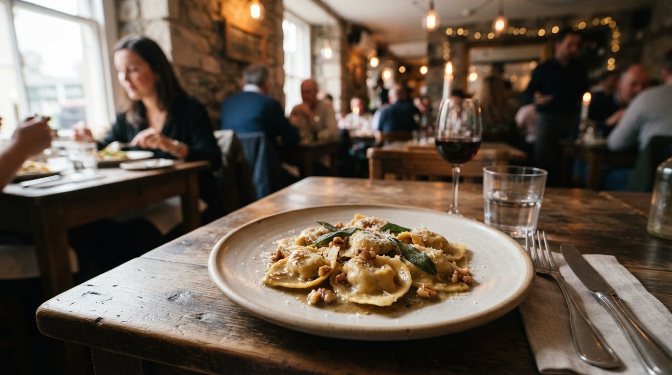 Grano餐厅的cappellacci di zucca特写,柔和灯光下的简单餐盘盛着新鲜面食