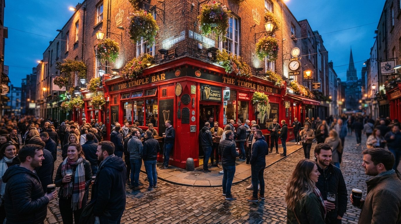 a fachada vermelha e florida do The Temple Bar Pub na Temple Bar e Temple Lane, caixas de flores sob as janelas e multidões reunidas nos paralelepípedos ao crepúsculo