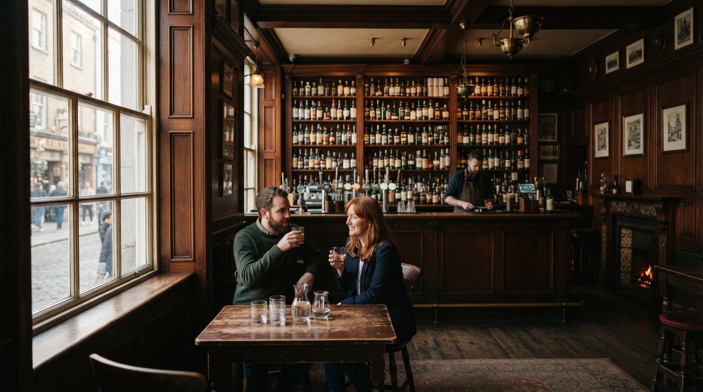 a sala Whiskey Palace no andar de cima do Palace Bar na Fleet Street, painéis de madeira quentes, prateleiras de garrafas e um brilho suave de fim de tarde