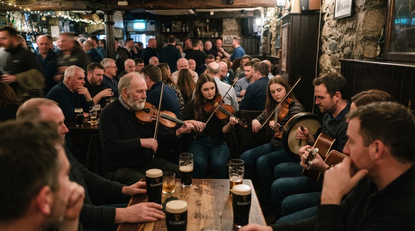 uma sessão de música tradicional cheia dentro do The Old Storehouse na Crown Alley, violinos e um bodhrán sob luz baixa quente com copos nas mesas