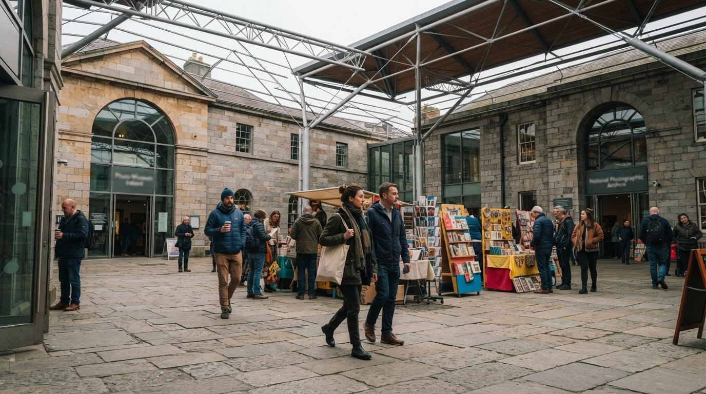 o pátio de pedra coberto da Meeting House Square em luz suave de dia, com o Photo Museum Ireland e o National Photographic Archive a emoldurar a praça